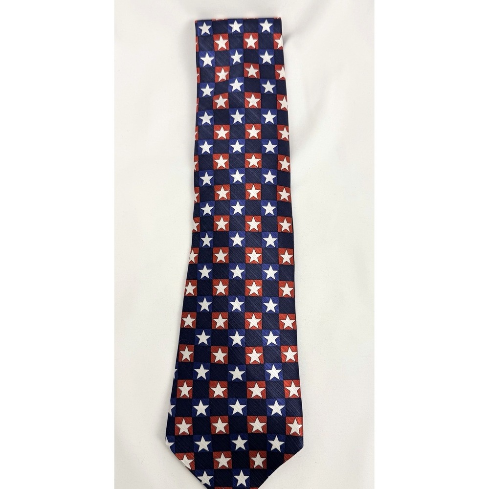 Vintage USA American Traditions Necktie Navy Stars Men's Red White Blue Silk